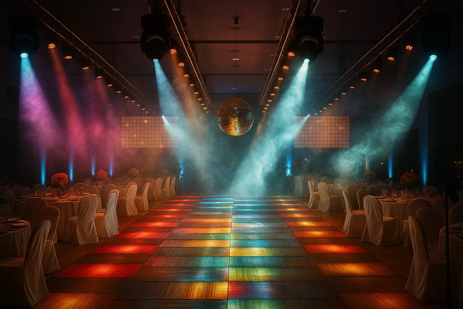 Salón de eventos con iluminación escénica y pista de baile